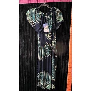 CM Women’s Medium Navy Tropical Palm Print Maxi Dress NWT Off Shoulder
